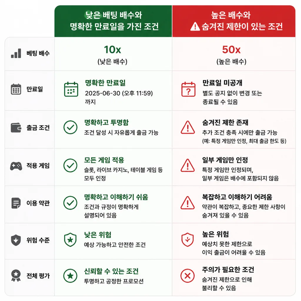 좋은 무료 스핀 조건과 위험한 조건 비교표