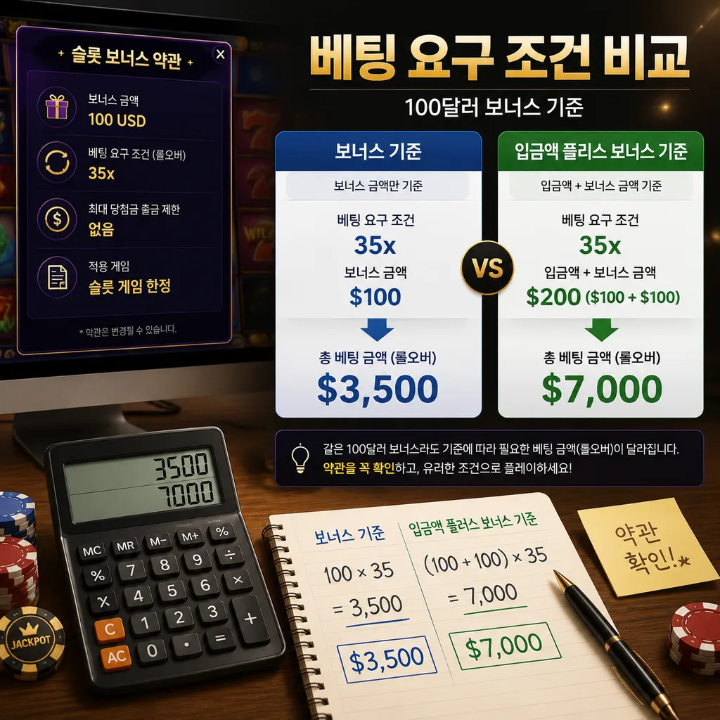 슬롯 보너스 베팅 요구조건 35배 계산 예시